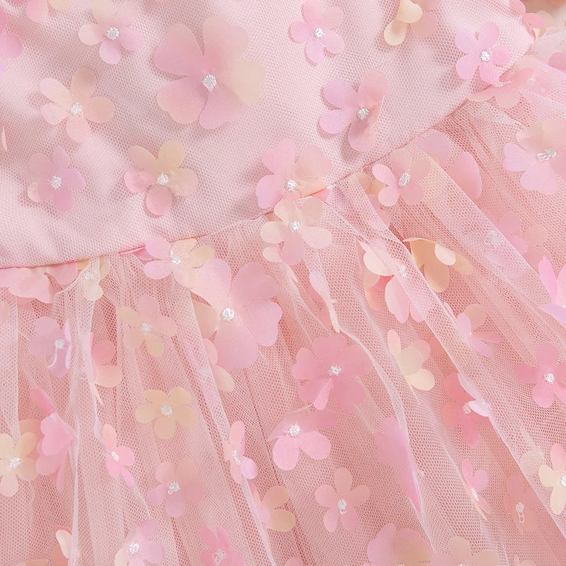 Girl's Birthday Princess Dress Sweet Flower Decor Short Puff Sleeve Kids Clothing Children Pageant Party Summer Dresses