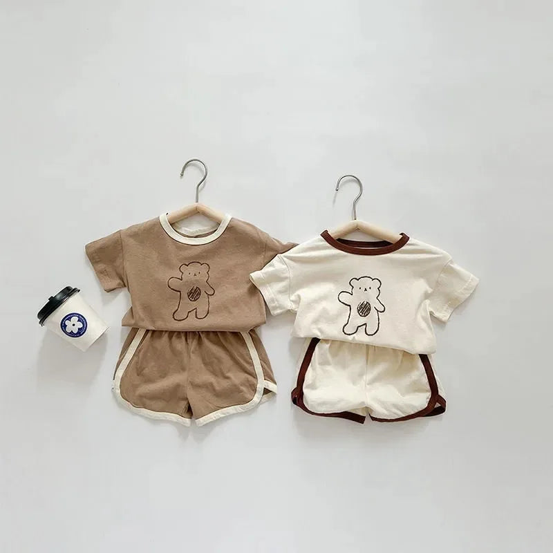 6m-4y Cartoon Bear Baby Outfits Casual Cute Boys And Girls Two Piece Set Summer Kids Clothing Short Sleeved Suits Home Clothes
