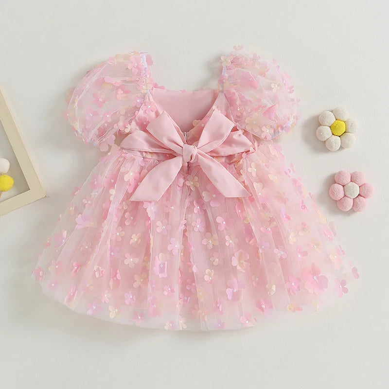 Girl's Birthday Princess Dress Sweet Flower Decor Short Puff Sleeve Kids Clothing Children Pageant Party Summer Dresses