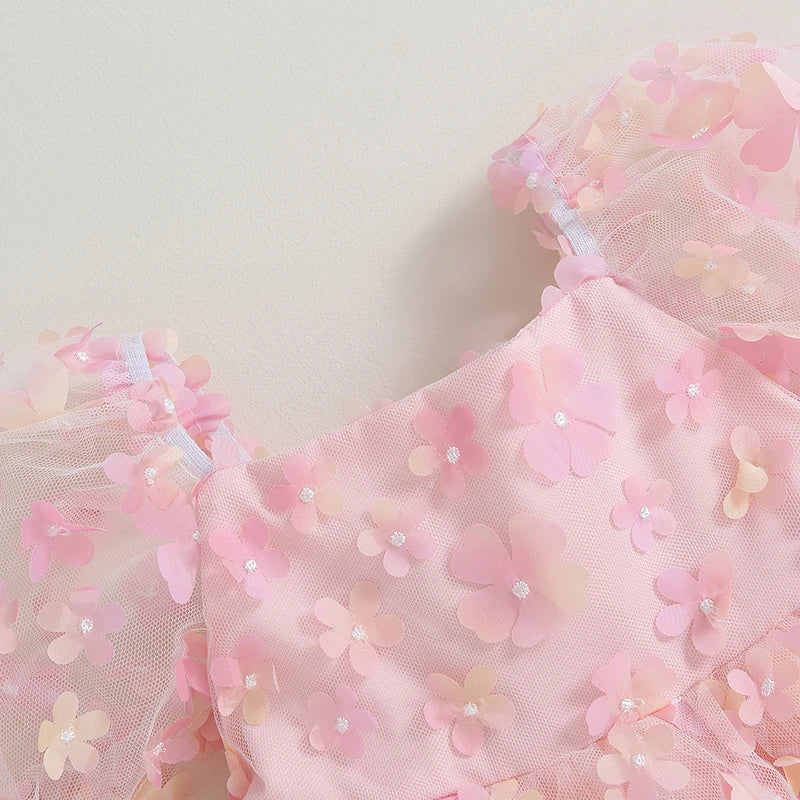 Girl's Birthday Princess Dress Sweet Flower Decor Short Puff Sleeve Kids Clothing Children Pageant Party Summer Dresses