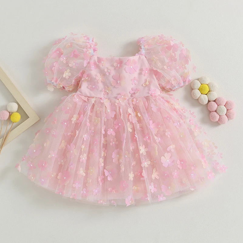 Girl's Birthday Princess Dress Sweet Flower Decor Short Puff Sleeve Kids Clothing Children Pageant Party Summer Dresses