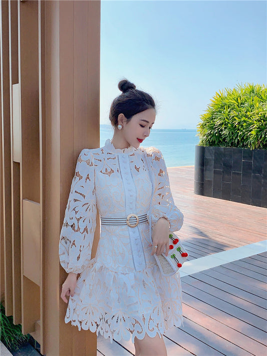 Retro Hollow Applique Waist Puff Sleeve Short Dress