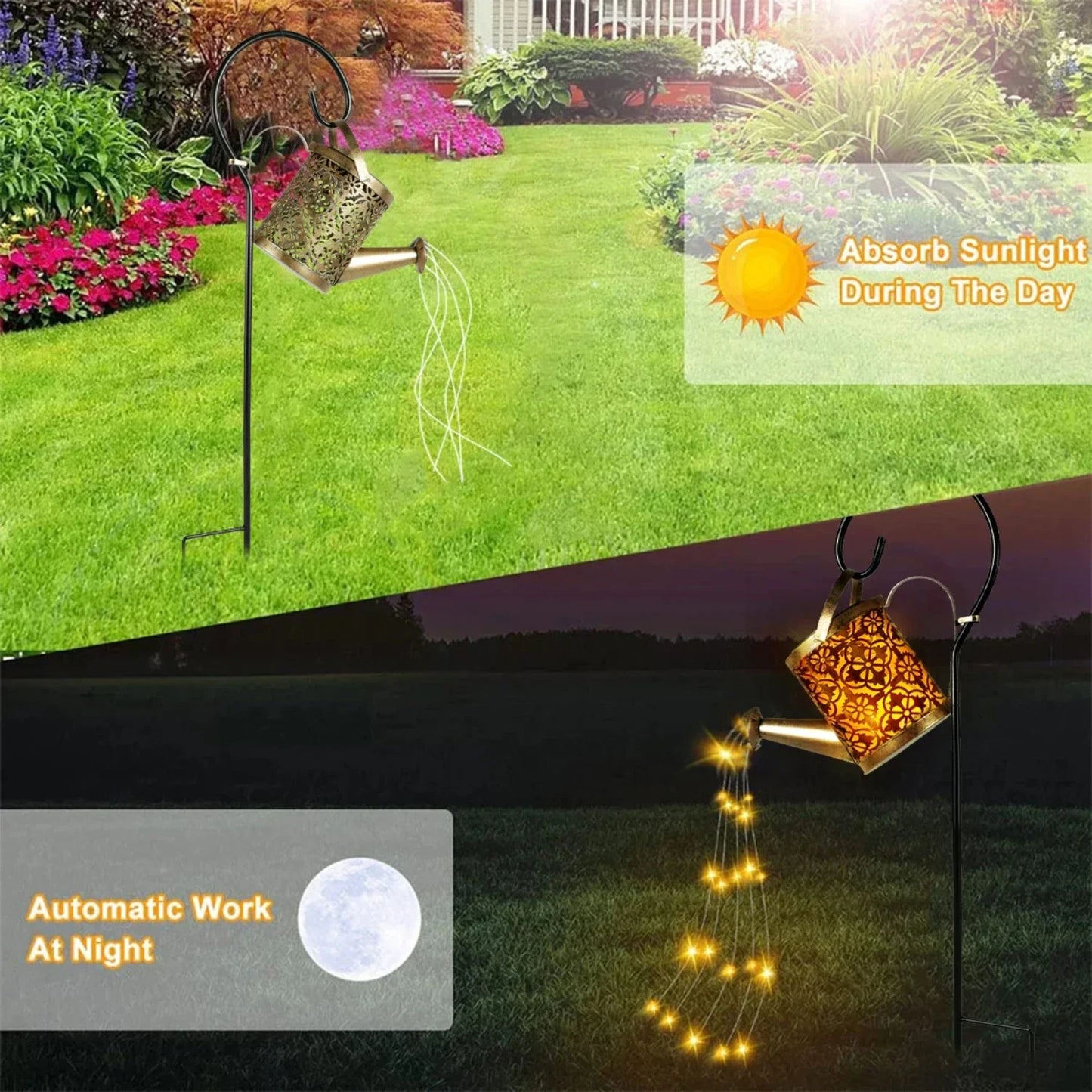 Vintage Rustic Waterproof Metal Lanterns with 36 LED String Lights - Hanging Watering Can Solar Powered Light - Outdoor Decor Es