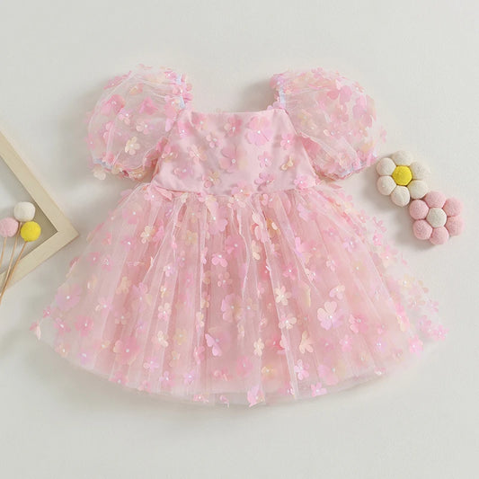 Girl's Birthday Princess Dress Sweet Flower Decor Short Puff Sleeve Kids Clothing Children Pageant Party Summer Dresses